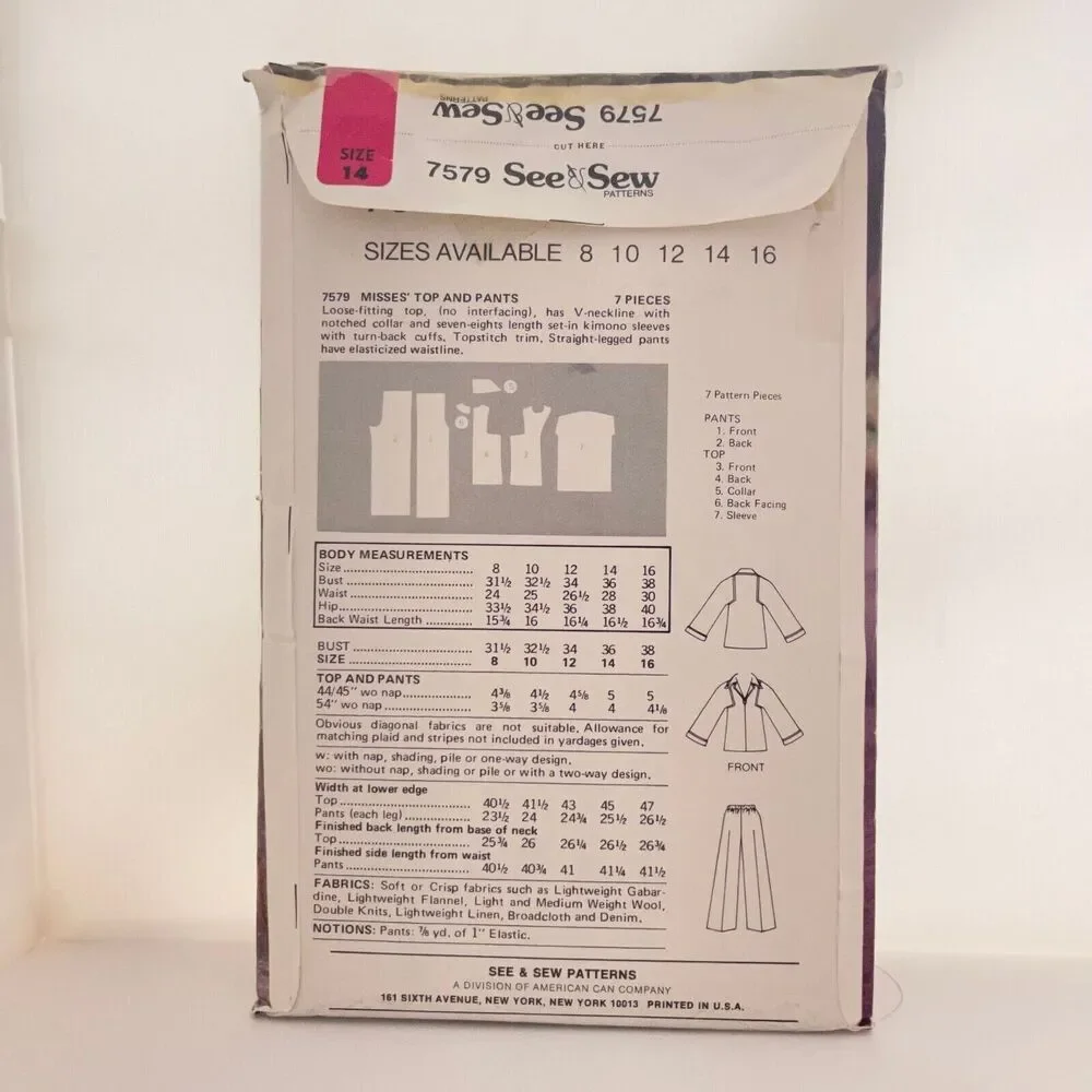#7579 Sew and Sew Misses Top and Pants Sewing Pattern Size 8-16